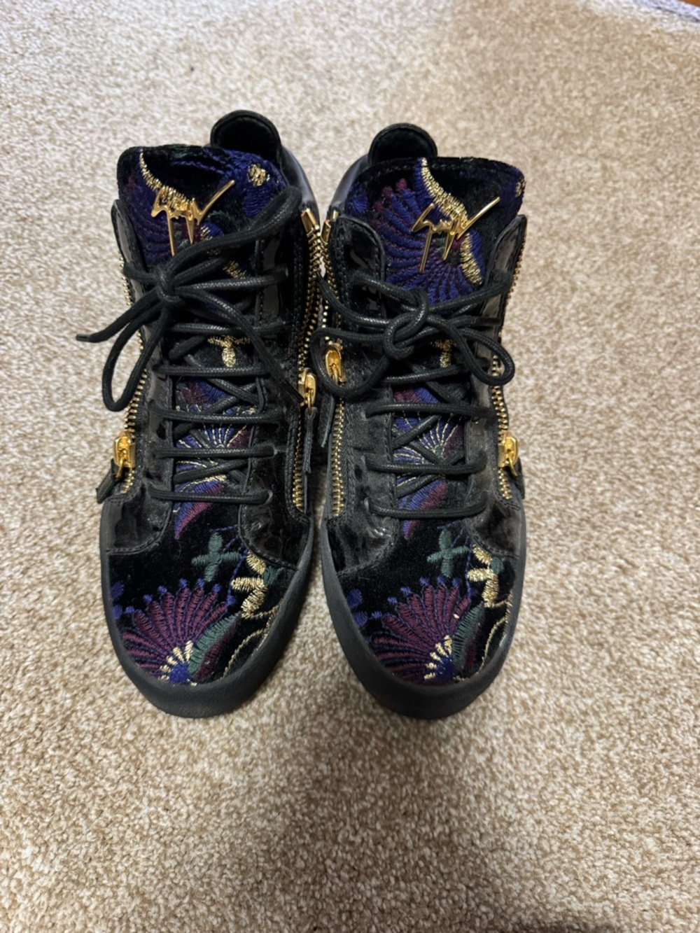 Giuseppe Zanotti Black Velvet Multicolor Embroidered High-Top Sneakers
